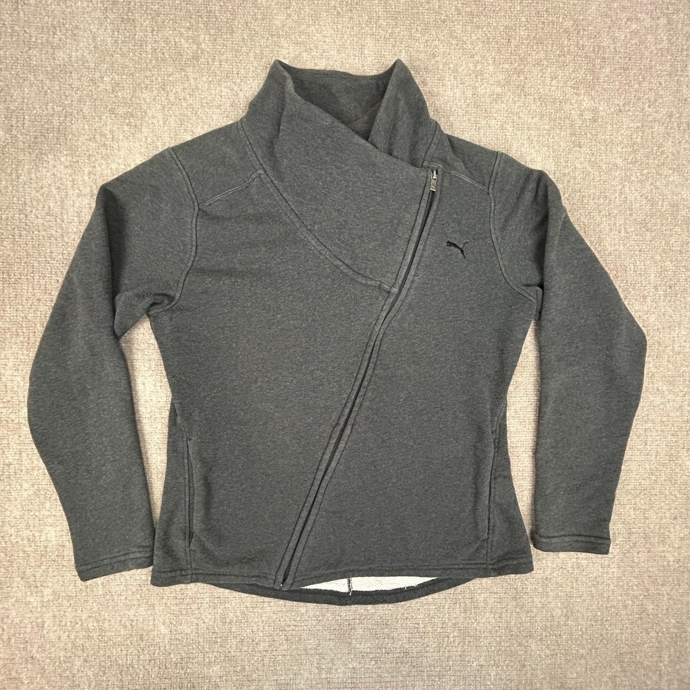 Puma Asymmetrical Jacket Women Large Gray Cotton French Terry Cowl Neck Full Zip - Picture 2 of 14